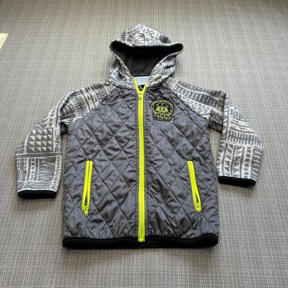 Star Wars Boys Darth Vader Quilted Hoodie Jacket size 5 Gray Neon Green Full Zip